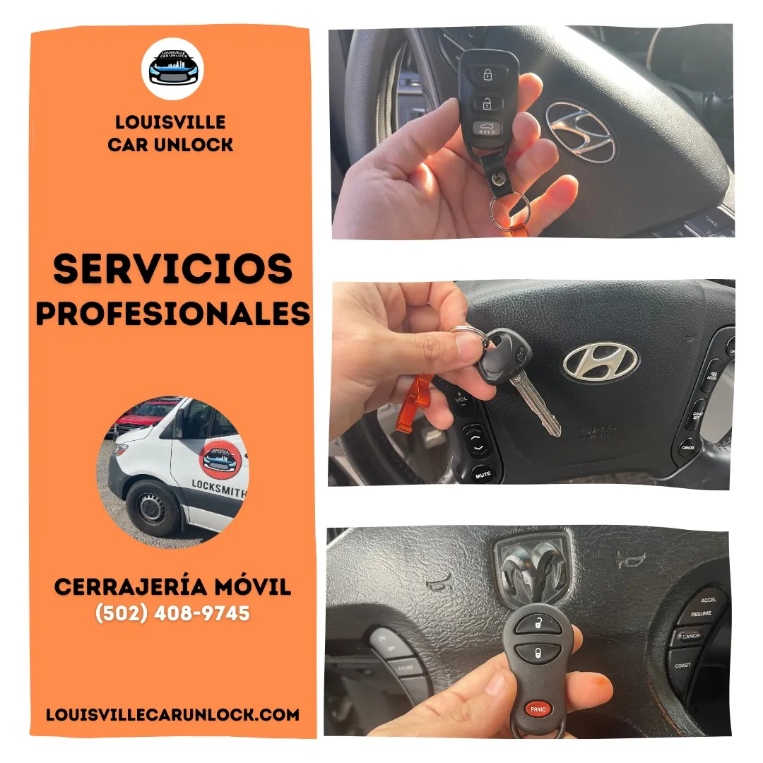 Llave inteligente de Hyundai en mano con el volante al fondo y logo de Louisville Car Unlock.
