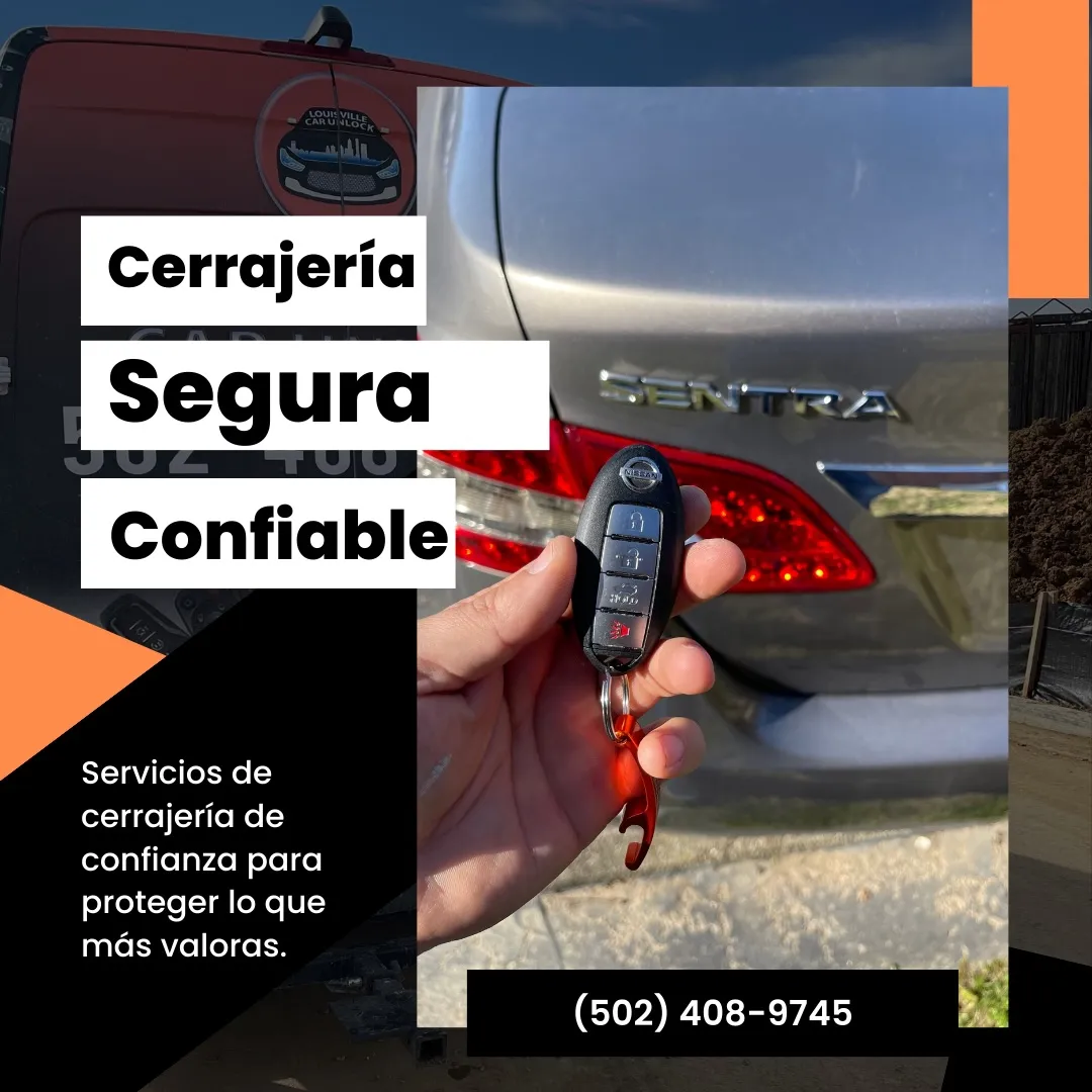 Cerrajero mostrando una llave de coche frente a un Nissan Sentra, representando la confiabilidad y seguridad de Louisville Car Unlock.