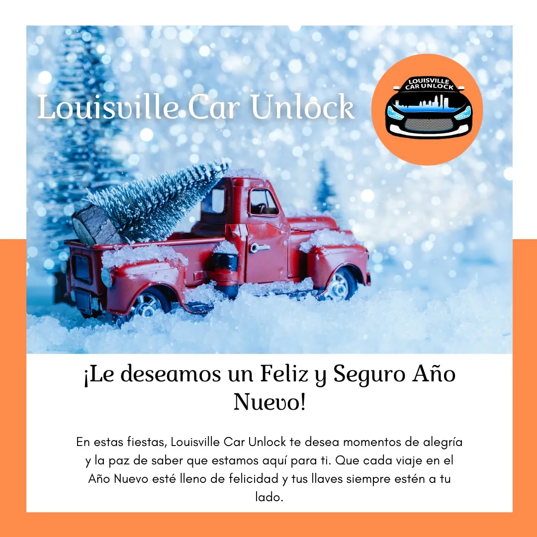 Camioneta roja vintage con árbol de Navidad en un paisaje invernal, representando los cálidos deseos de Año Nuevo de Louisville Car Unlock.