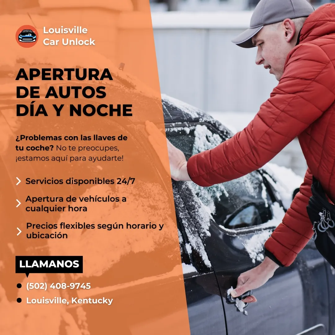 Un profesional de Louisville Car Unlock desbloqueando un coche cubierto de nieve, demostrando servicios accesibles y eficientes todo el día.