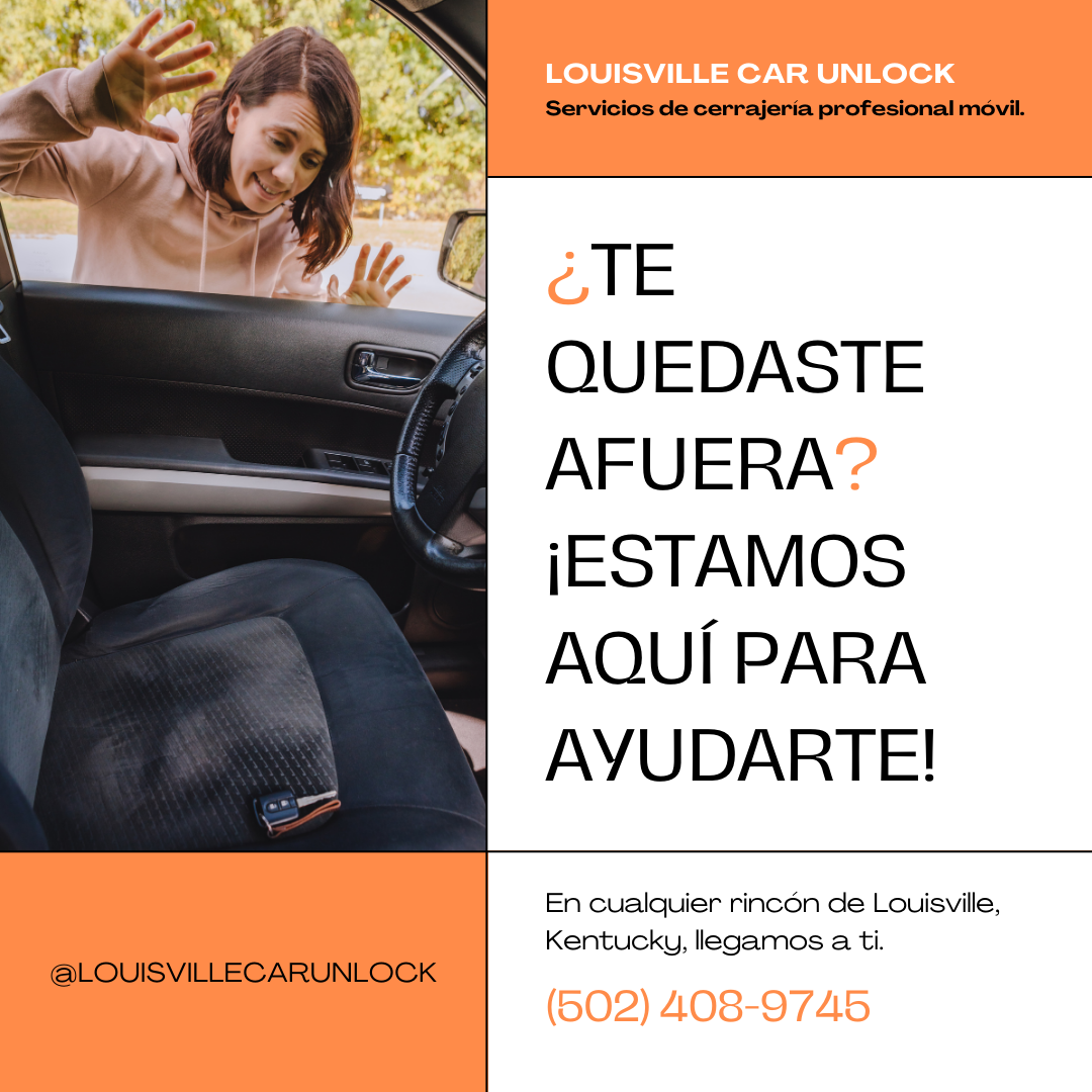Mujer intentando entrar a su coche con el logo de Louisville Car Unlock y texto promocional.