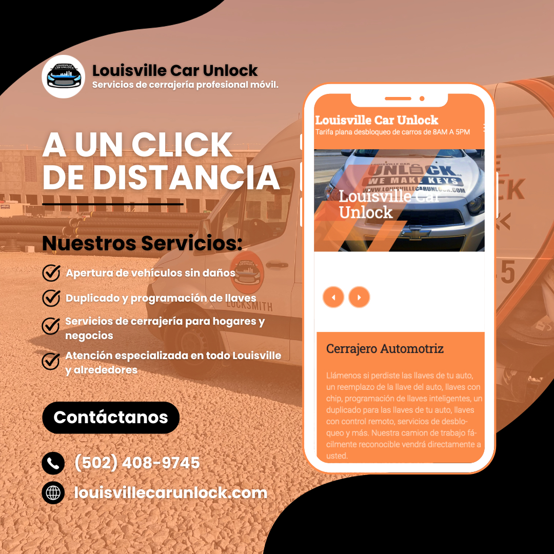 Interfaz de usuario móvil mostrando los servicios de cerrajería de Louisville Car Unlock, destacando su accesibilidad y atención especializada.