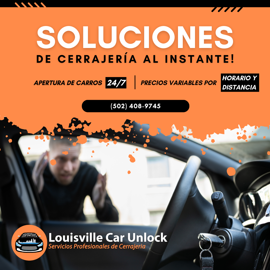 Un hombre hablando por teléfono en busca de servicios de cerrajería para su coche, con el logo de Louisville Car Unlock y la promesa de soluciones inmediatas.