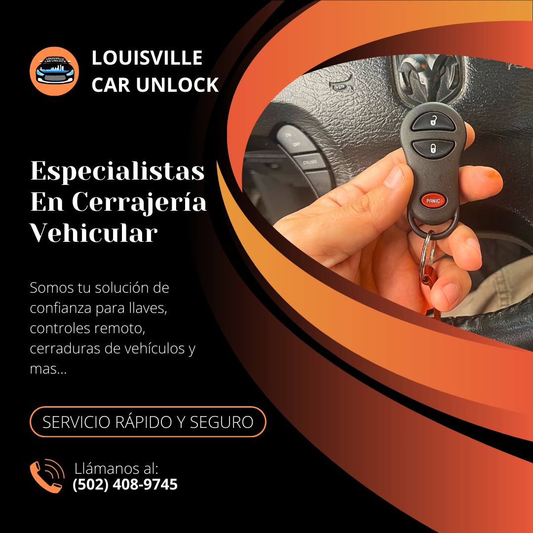 Llave de coche en mano con el logo de Louisville Car Unlock, enfatizando servicios de cerrajería vehicular confiables y seguros.