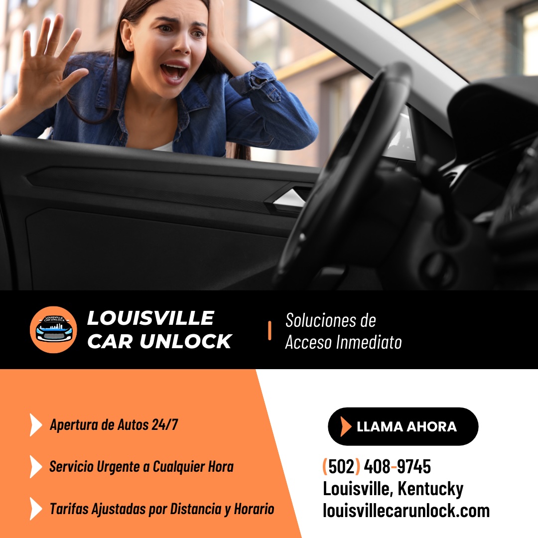 Mujer preocupada fuera de su coche cerrado, servicio de apertura de vehículos Louisville Car Unlock