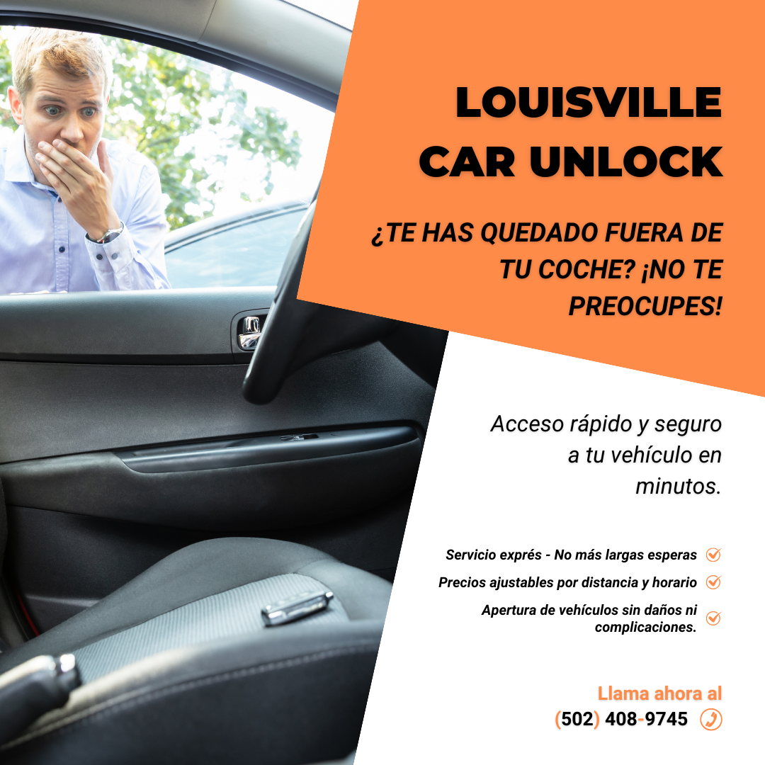 Hombre preocupado fuera de su coche con servicio de cerrajería móvil de Louisville Car Unlock listo para ayudar.