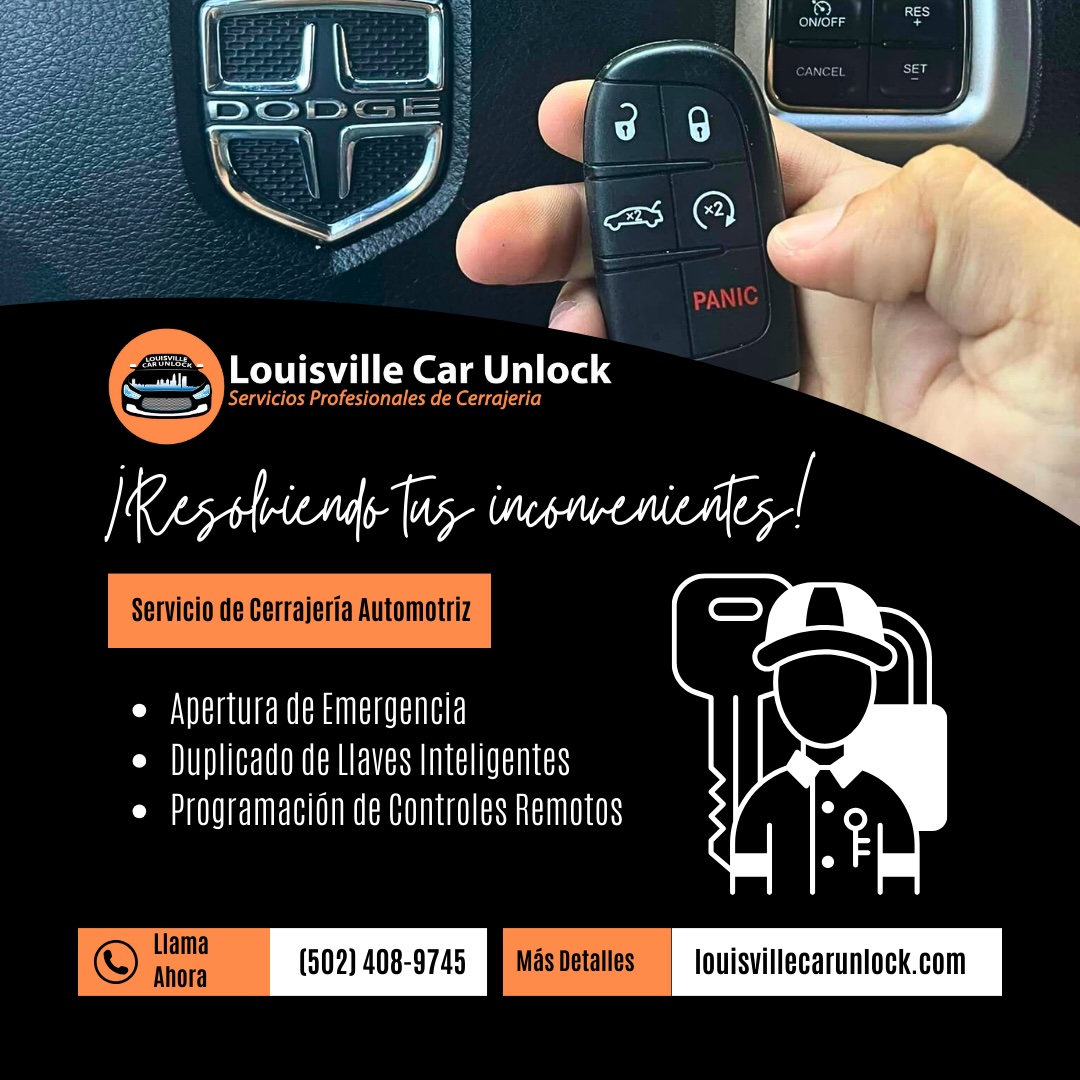 Llave inteligente de vehículo Dodge con el logo de Louisville Car Unlock y texto de servicios de cerrajería.