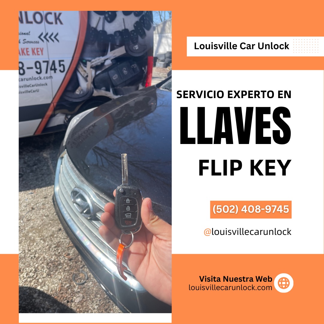Mano sosteniendo una llave flip key con la furgoneta de servicio de Louisville Car Unlock al fondo.