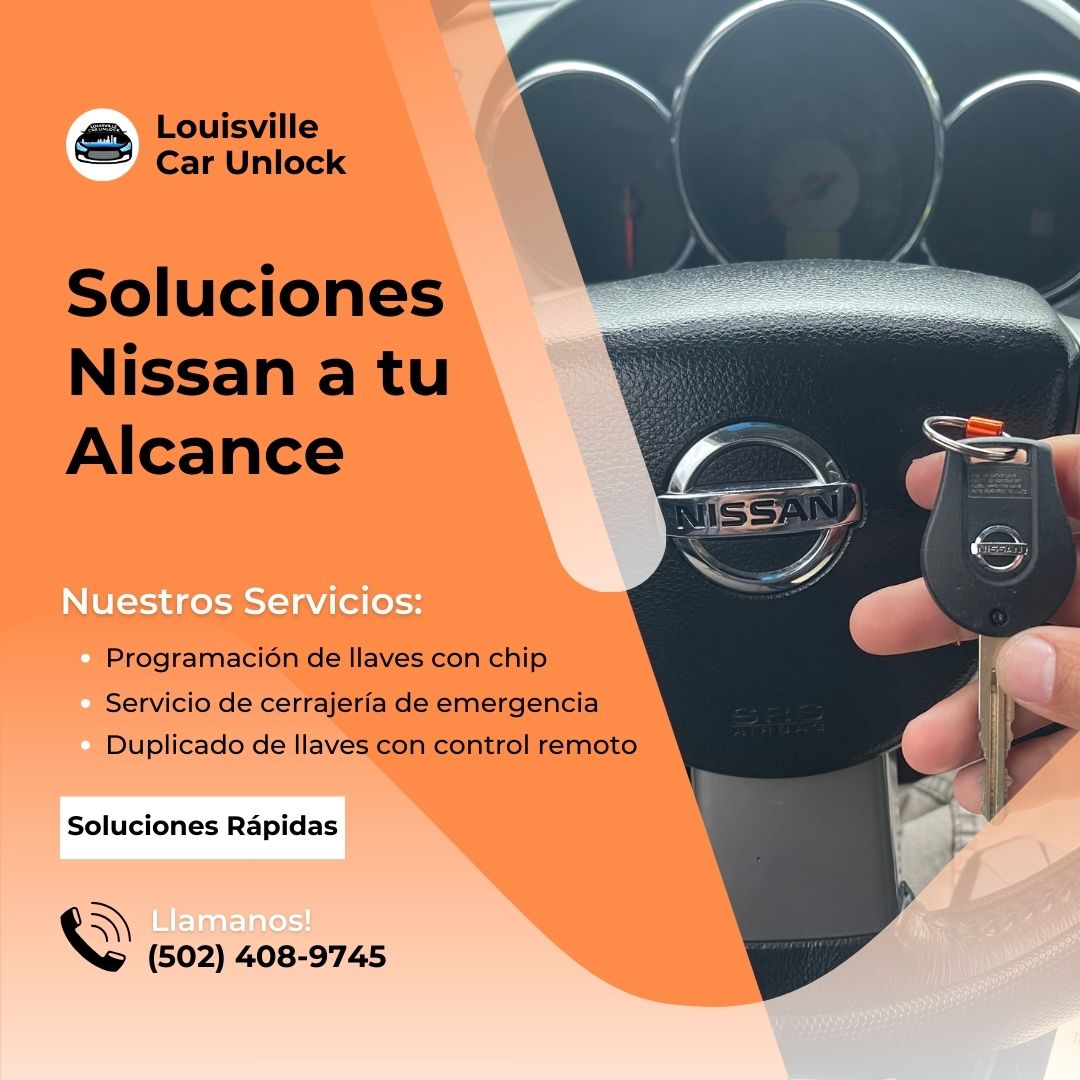 Llave con chip y mando a distancia de Nissan frente al volante, servicios de Louisville Car Unlock.