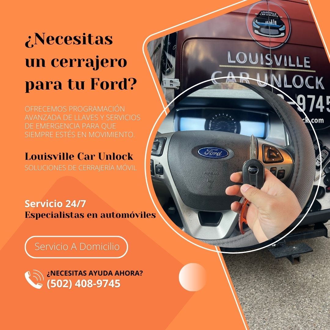 Cerrajero profesional mostrando una llave de Ford con el vehículo y la furgoneta de Louisville Car Unlock al fondo.