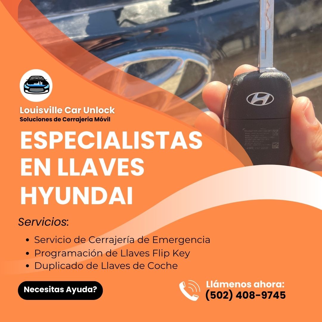 Llave flip key Hyundai con logo de Louisville Car Unlock, representando servicios de cerrajería de coches especializados en Louisville, Kentucky.