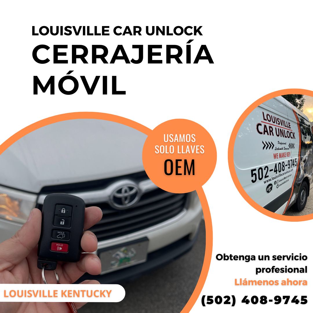 Llave OEM de Toyota en mano frente a una furgoneta de Louisville Car Unlock con el logo visible.